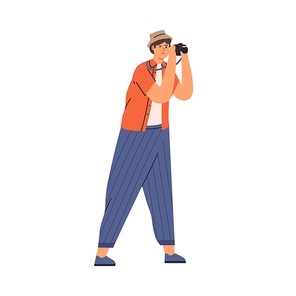 Young tourist holding camera and taking photo during sightseeing. Man shooting at trip. Travel photographer. Flat vector illustration of male traveler in hat isolated on white .