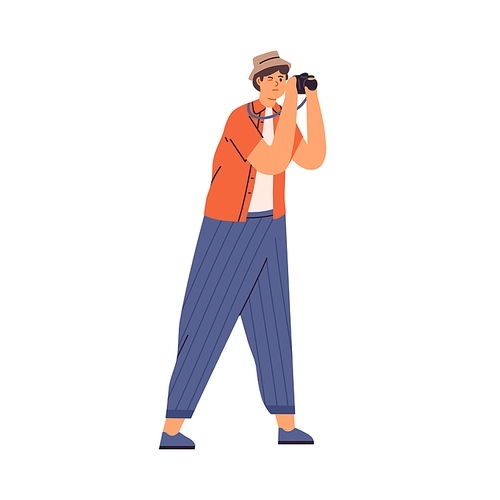 Young tourist holding camera and taking photo during sightseeing. Man shooting at trip. Travel photographer. Flat vector illustration of male traveler in hat isolated on white .