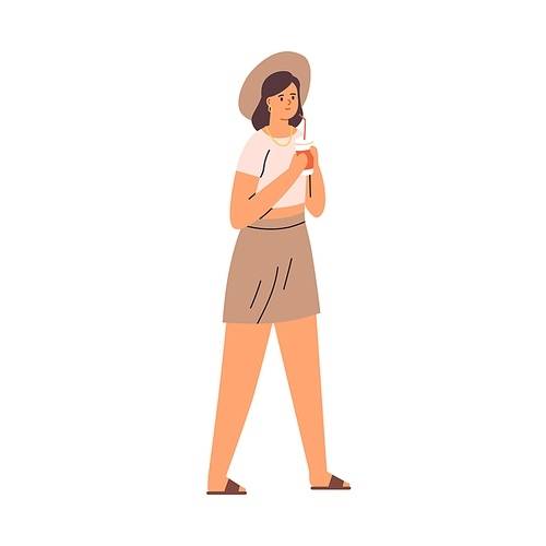 Young woman in summer clothes and hat walking and drinking cold refreshing takeaway beverage. Tourist strolling with cocktail cup and straw. Flat vector illustration isolated on white .