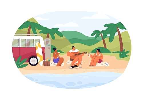 Friends relaxing on picnic on summer holidays. People resting in nature with guitar and cocktails near water, on sea coast. Seaside leisure time. Flat vector illustration isolated on white .