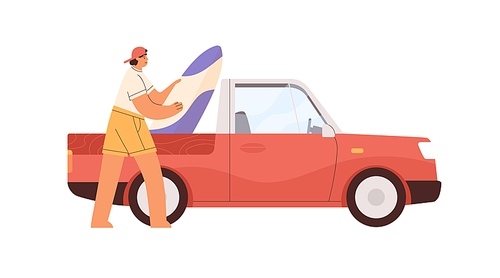 Person loading surfboard to pickup car for summer vacation on sea beach. Happy man preparing for summertime holiday travel, going to seaside. Flat vector illustration isolated on white .