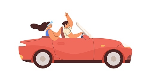 Couple in convertible car on summer road trip. Happy man and woman ride cabriolet. People driving cabrio. Male and female travel by auto. Flat graphic vector illustration isolated on white .