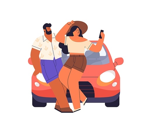 Couple taking selfie photo with smartphone near car on summer holiday trip. Happy man and woman with mobile phone during weekend travel. Flat vector illustration isolated on white .