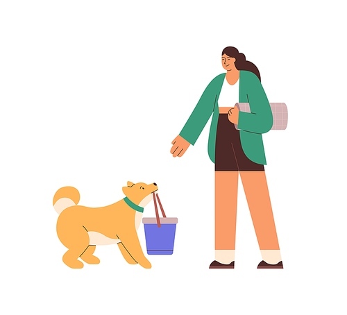 Person and dog get ready to go for walk and rest in nature. Woman and doggy preparing for strolling and relaxing outdoors. Pet owner and puppy. Flat vector illustration isolated on white .