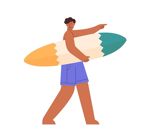 Man walking with surfboard in hands, talking and pointing at sea. Active tanned guy surfer going and holding surf board on summer holidays. Flat vector illustration isolated on white .