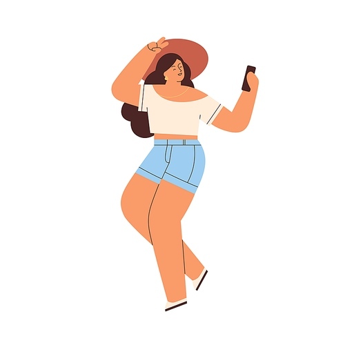 Happy woman taking selfie photo with phone. Female posing for mobile photography on summer holidays. Young person using cellphone camera. Flat vector illustration isolated on white .