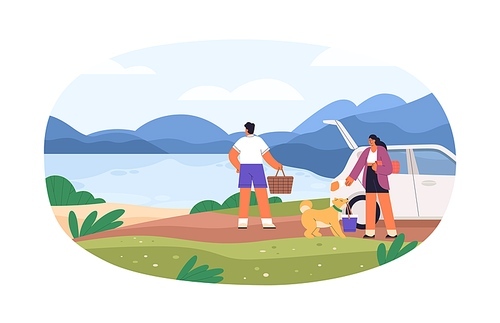Couple arrived for picnic near water on summer holidays. Family with dog travel and rest on coast at leisure time.Man and woman relaxing outdoors. Flat vector illustration isolated on white .