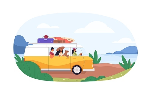 Friends and dog travel by car on summer holidays. People drive van, arriving to sea coast. Family in caravan at seaside. Flat vector illustration of travelers on vacation isolated on white .