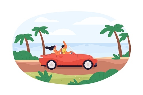 Couple travel by convertible car on summer holidays. Man and woman driving along sea coast. Summertime trip of romantic people in cabriolet. Flat vector illustration isolated on white .