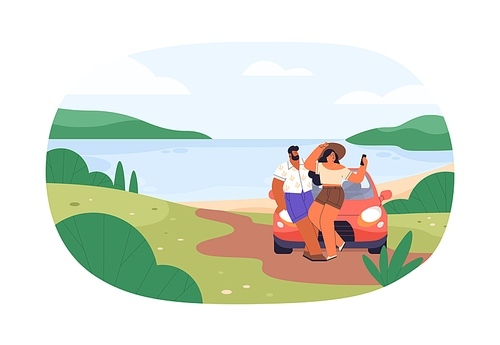 Couple take selfie photo near car by water during summer holiday travel. Happy man and woman at romantic summertime journey. People at coastline. Flat vector illustration isolated on white .