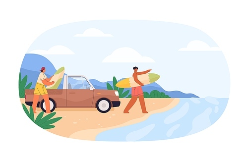 Surfers arrived at sea beach with surfboards. Guys with car and surf boards at seaside on summer holidays. Men friends on summertime vacation. Flat vector illustration isolated on white .