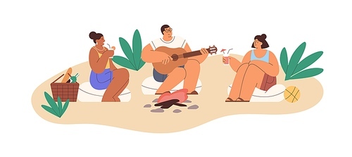 Friends relax on summer picnic, playing guitar and singing songs by campfire. Happy people on beach, resting with cocktails by bonfire outdoors. Flat vector illustration isolated on white .