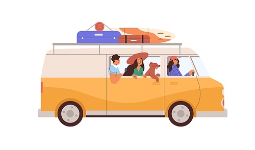 Friends travel by car on summer holidays. Happy people and dog in van during summertime road trip. Man, women and doggy in caravan on vacation. Flat vector illustration isolated on white .