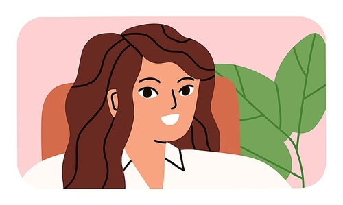 Happy woman with smiling friendly face, head portrait. Young cheerful female. Positive businesswoman in office chair. Excited employee posing. Colored flat vector illustration.