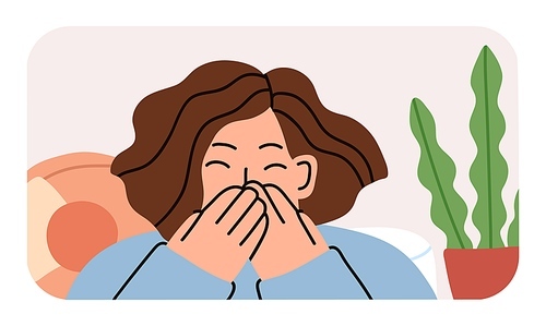 Happy woman laughing from fun and joy. Laughter of merry joyful person giggling, covering mouth with hands. Young pleased female rejoicing portrait. Colored flat vector illustration.