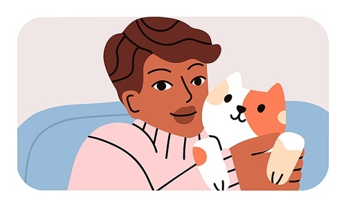 Happy woman and cute cat portrait. Person holding and hugging adorable sweet kitty. Female with little lovely kitten in hands. Flat vector illustration of pet owner.