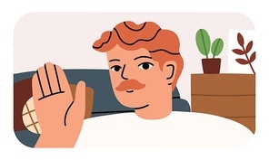 Man waving with hand, gesturing hi and saying hello. Smiling person portrait looking and greeting smb. Friendly male with mustache. Flat vector illustration isolated on white .