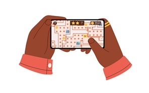 Hands holding mobile phone, playing game. Gamer touching smartphone screen with maze app. Black person entertain with online funs in cellphone. Flat vector illustration isolated on white .