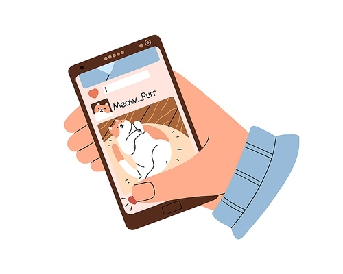 Hand holding mobile phone, scroll screen with cats photos in social media, networks. Person use smartphone, putting likes and commenting posts. Flat vector illustration isolated on white .