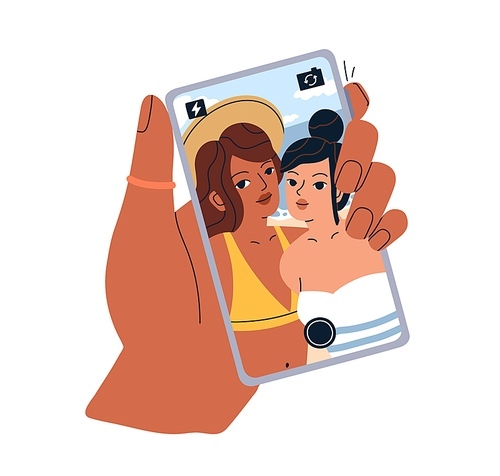 Women taking selfie portrait with mobile phone. Self-photo on screen and hand holding smartphone. Girlfriends picture from summer holidays. Flat vector illustration isolated on white .