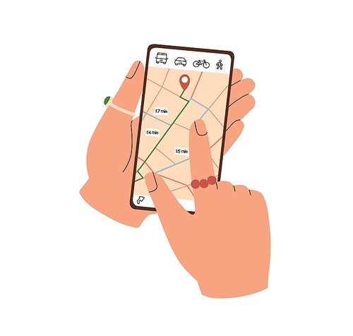 Hand holding mobile phone and searching route and location with GPS map app. Person use smartphone screen with navigator application. Flat graphic vector illustration isolated on white .