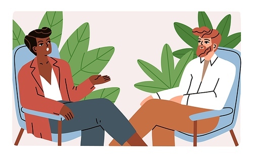 People at interview. Conversation with celebrity in studio. Man host listening to woman guest answering. Interviewer and interviewee talking, sitting in armchairs. Colored flat vector illustration.