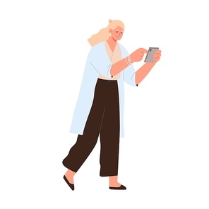 Woman use mobile phone on go. Happy person walk with smartphone, surfing internet and social media. Female with cellphone during online chatting. Flat vector illustration isolated on white .