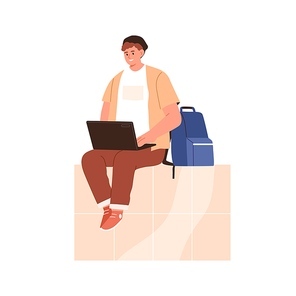 Student with laptop on knees and backpack. Happy young man sit and surf internet with computer, learning online. Modern person use social media. Flat vector illustration isolated on white background.