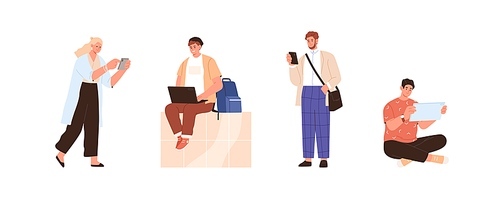 Set of people using different gadgets. Man and woman are online with smartphone, laptop, tablet PC, mobile phone. Male and female Internet users. Flat vector illustration isolated on white .