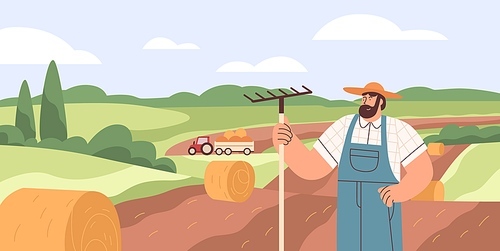 Farmer in agriculture field with dry hay bales. Farm worker and village farmland landscape during harvesting. Flat vector illustration of man peasant with rakes in agricultural plantation.