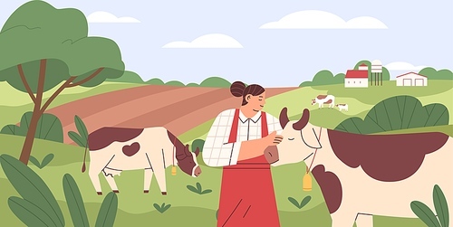 Woman with milk cows in pasture. Domestic animals grazing and eating grass on field. Farm worker and livestock in grassland. Rural summer landscape with farmer and cattle. Flat vector illustration.