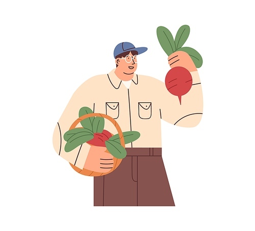 Happy farmer holding fresh vegetables in basket. Man with organic farm harvest. Smiling agriculture worker with beets portrait. Flat vector illustration isolated on white .