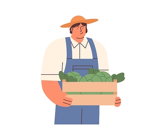 Farmer holding crate of fresh vegetables. Happy farm worker with organic harvest in wood box. Smiling man with cabbage veggie, portrait. Flat vector illustration isolated on white .
