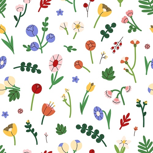 Seamless summer floral pattern. Bright flowers  on white background. Repeating design with multicolored blooming plants. Endless romantic texture. Colored flat vector illustration for fabric.