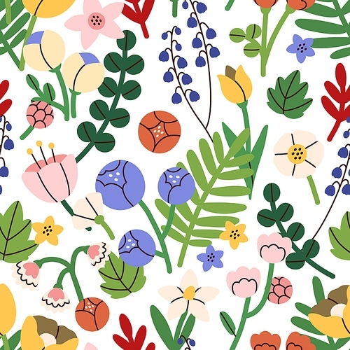 Seamless flower pattern. Bright floral background with blossoms and blooms . Repeating texture design. Multicolored endless backdrop for decor. Colored flat vector illustration for textile.