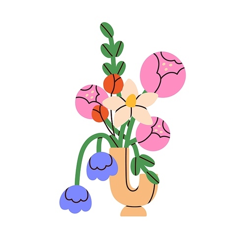Blossomed flowers bouquet in vase. Summer floral bunch, romantic gift. Posy of cut blooming plants mixed arrangement. Fresh flora bundle. Colored flat vector illustration isolated on white .