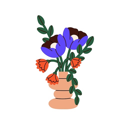 Blossomed flowers bouquet in modern vase. Fresh cut floral bunch, spring romantic gift. Showy posy of blooming plants and leaves. Colored flat vector illustration isolated on white .