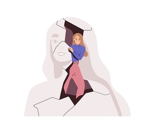 Person with mental health problems. Fear and anxiety, psychology concept. Scared anxious woman feel nervous about releasing self from inner world. Flat vector illustration isolated on white .