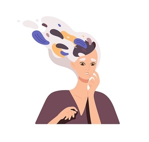 Woman with obsessive, paranoid thoughts in mind. Anxious nervous person in panic thinking about problems. Psychology concept of mental disorder. Flat vector illustration isolated on white .