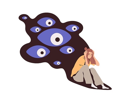 Persecutory delusions of person with mental health problems. Paranoid concept. Obsessive woman in panic, suffer from fears and anxiety. Flat graphic vector illustration isolated on white .
