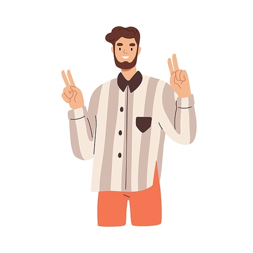 Happy person showing V sign, victory gesture with hands and two fingers. Smiling confident man expressing peace and support. Solidarity concept. Flat vector illustration isolated on white .