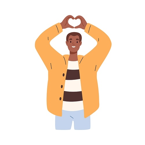 Person expressing love with hands, making heart shape sign from fingers. Happy black man gesturing with arms. Smiling guy with positive emotions. Flat vector illustration isolated on white .