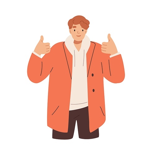Happy man with thumbs up, expressing agreement and approval. Positive person gesturing like, super with hands and fingers. Guy with great sign. Flat vector illustration isolated on white .
