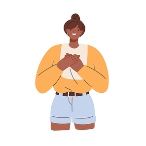 Grateful woman holding hands on chest, heart. Happy touched person expressing gratitude. Pleased positive female with sincere heartfelt gesture. Flat vector illustration isolated on white .