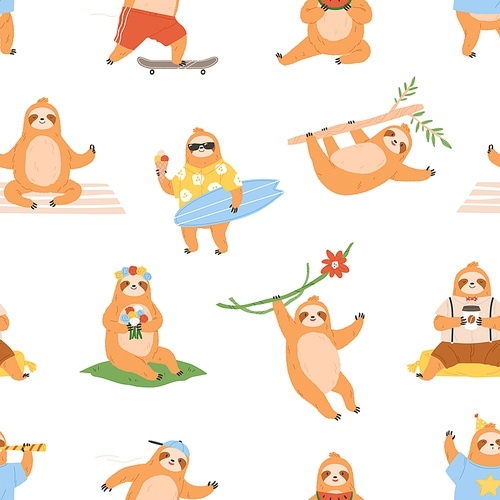 Cute sloths pattern. Seamless background with lazy funny baby animals. Endless repeating . Repeatable kids texture with happy adorable characters. Colored flat vector illustration for decoration.