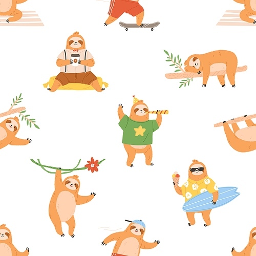 seamless  with cute sloths. repeating background with lazy funny baby animals. endless . childish texture with happy adorable characters. colored flat vector illustration for decoration.