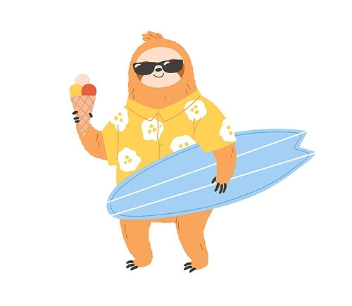 Cute sloth surfer in sunglasses holding surfboard and icecream. Happy animal in clothes on summer holiday. Funny  character relaxing. Colored flat vector illustration isolated on white .