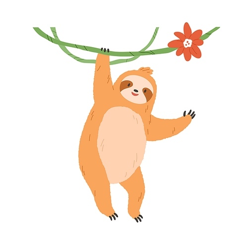 Cute sloth hanging on liana branch. Happy  animal waving with paw. Funny slow character smiling and saying hello, gesturing hi. Colored flat vector illustration isolated on white .