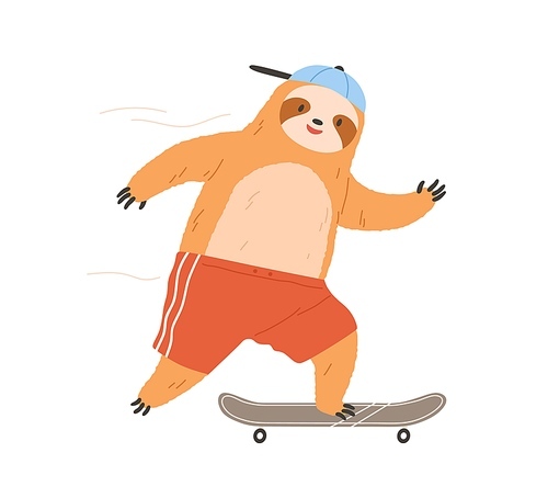 Cute sloth riding skateboard. Cool funny character skating on board. Happy smiling animal skater. Fluffy skateboarder. Colored flat vector illustration isolated on white .
