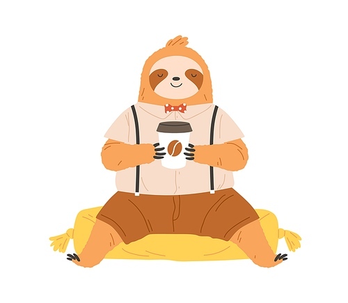 Cute sleepy sloth with coffee cup in paws.  slow animal drinking and enjoying coffe in morning. Funny happy baby character in clothes. Flat vector illustration isolated on white .